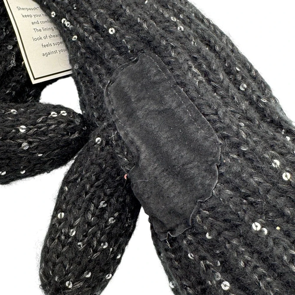Isotoner Black Sequin Womens Mittens Cable Knit Sherpasoft Lining Shimmer Cozy - Picture 10 of 10